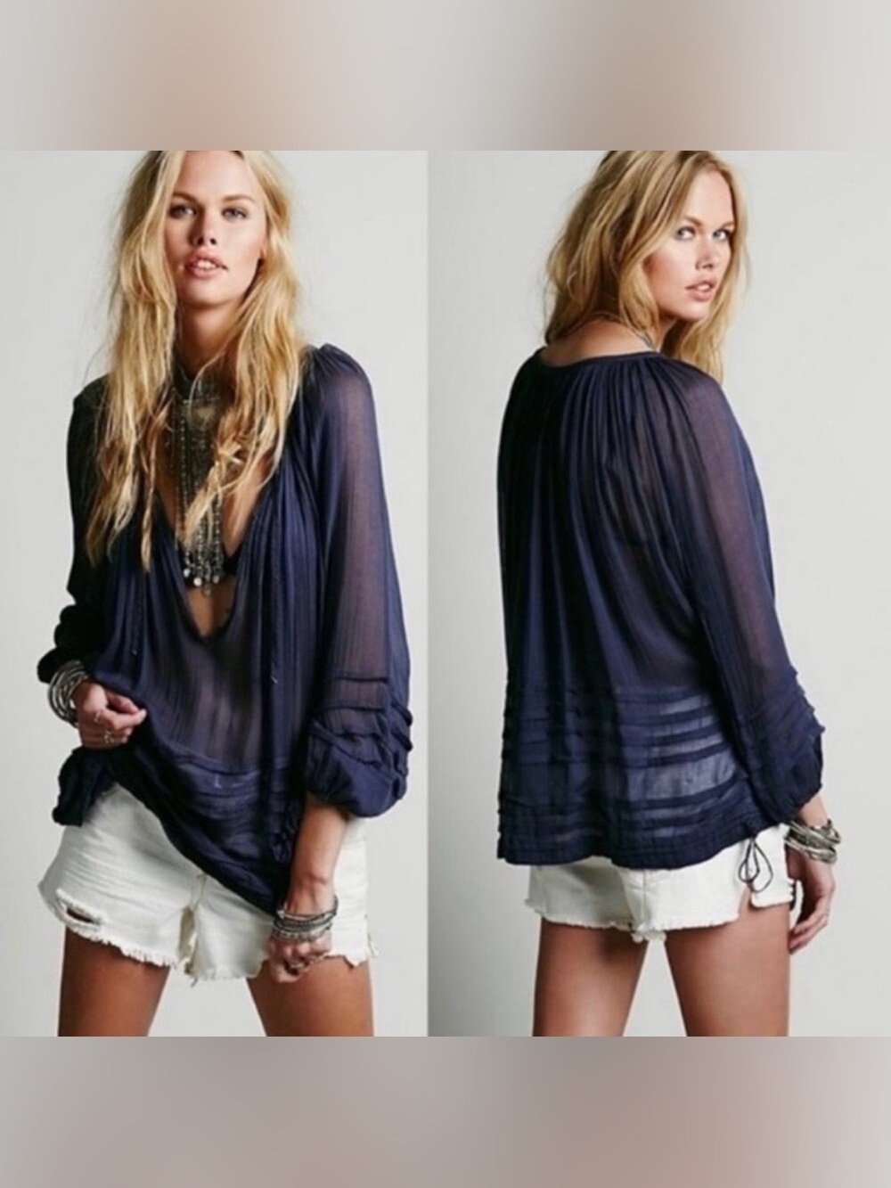 Free People One Sheer Tie That Binds Boho Peasant Oversized Longsleeve Top